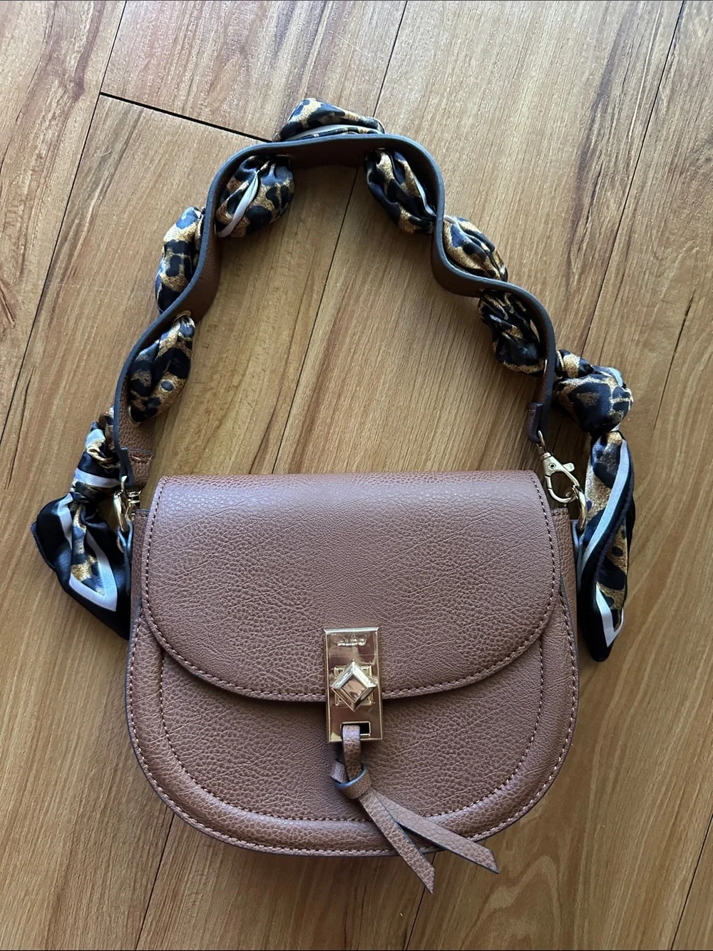 Aldo Brown Pebbled Leather Bag with Scarf-Wrapped Strap & Crossbody Strap